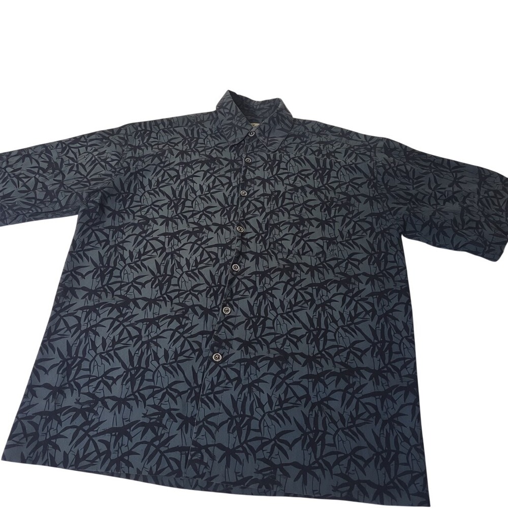 Johari West Button Down Mens XL Black Bamboo Leaf Print Cotton SS‎ Shirt